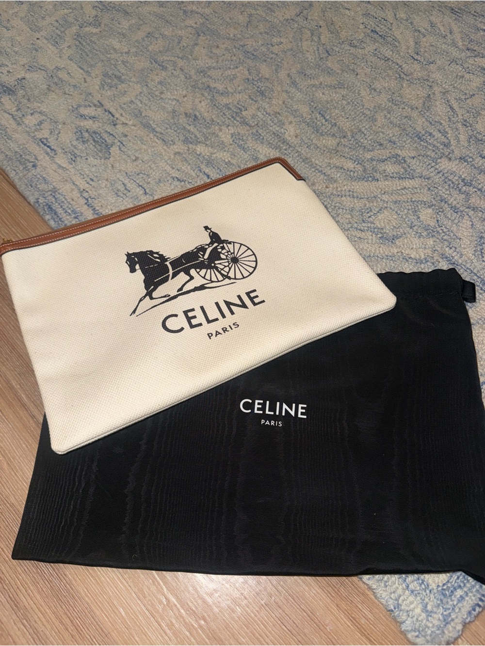 Celine Cream Canvas Logo Pouch with Leather Trim